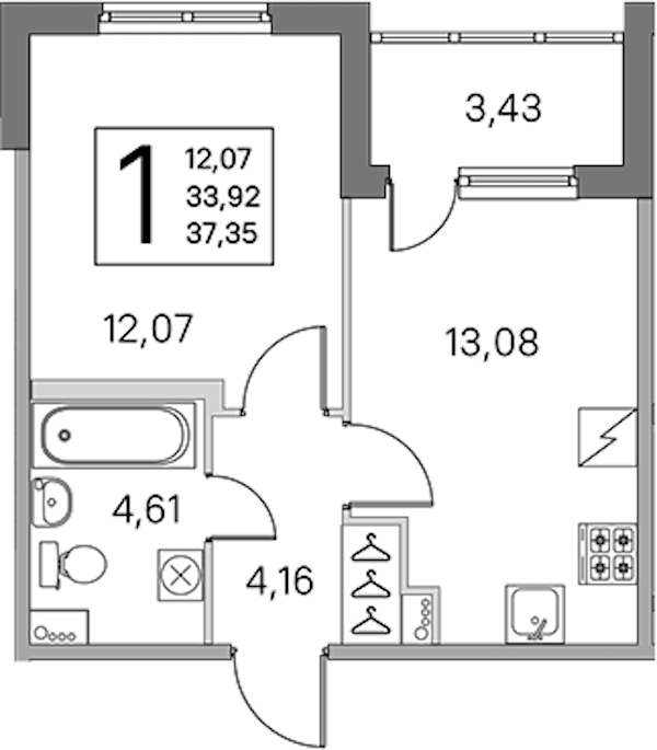 1-комнатная квартира 33.92 м², 2/5 эт., ЖК «ЮгТаун. Олимпийские кварталы»